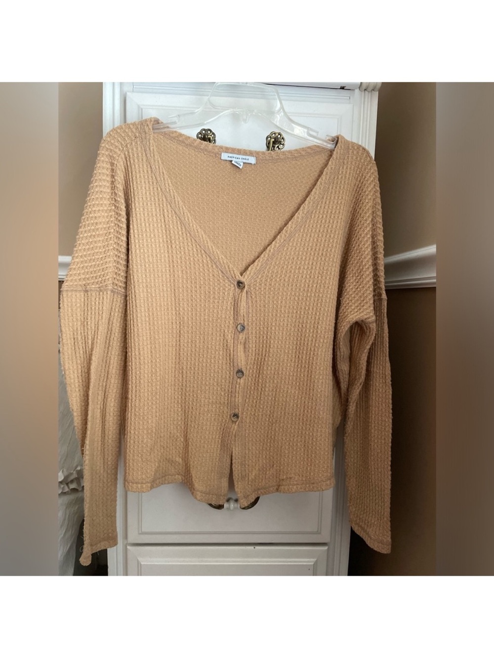 American Eagle Outfitters Beige Waffle-Knit Button Shirt